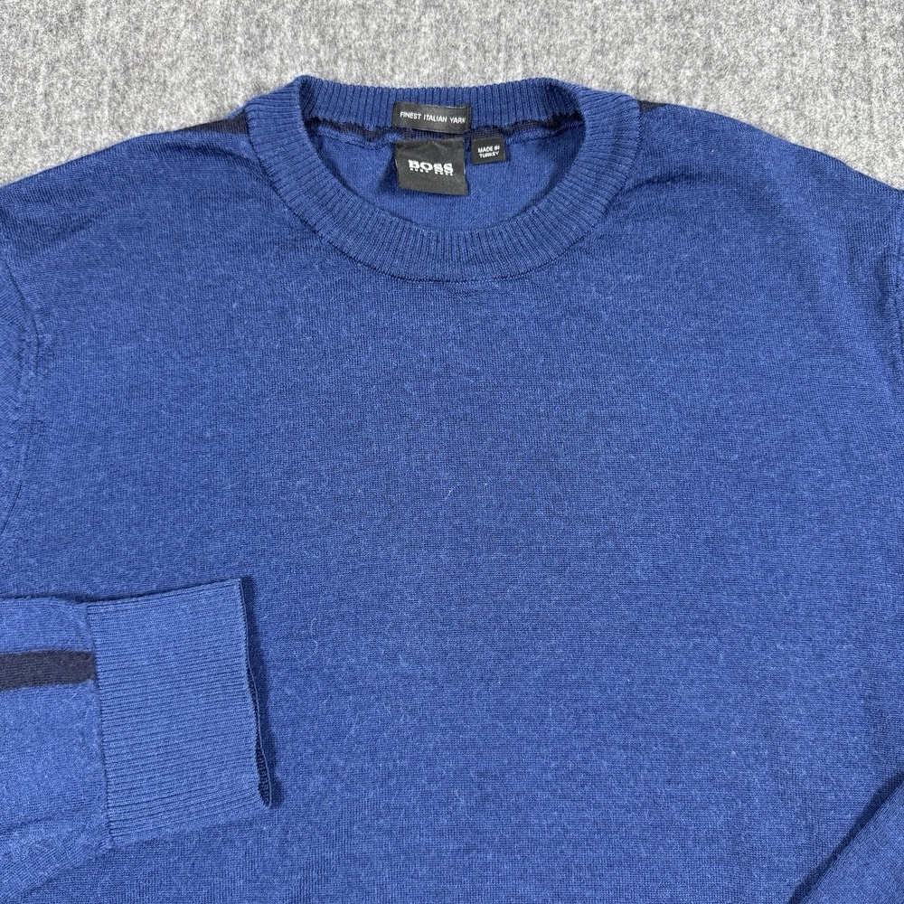 BOSS Hugo Boss Men's M Blue Virgin Wool Sweater Finest Italian Yarn Stripe